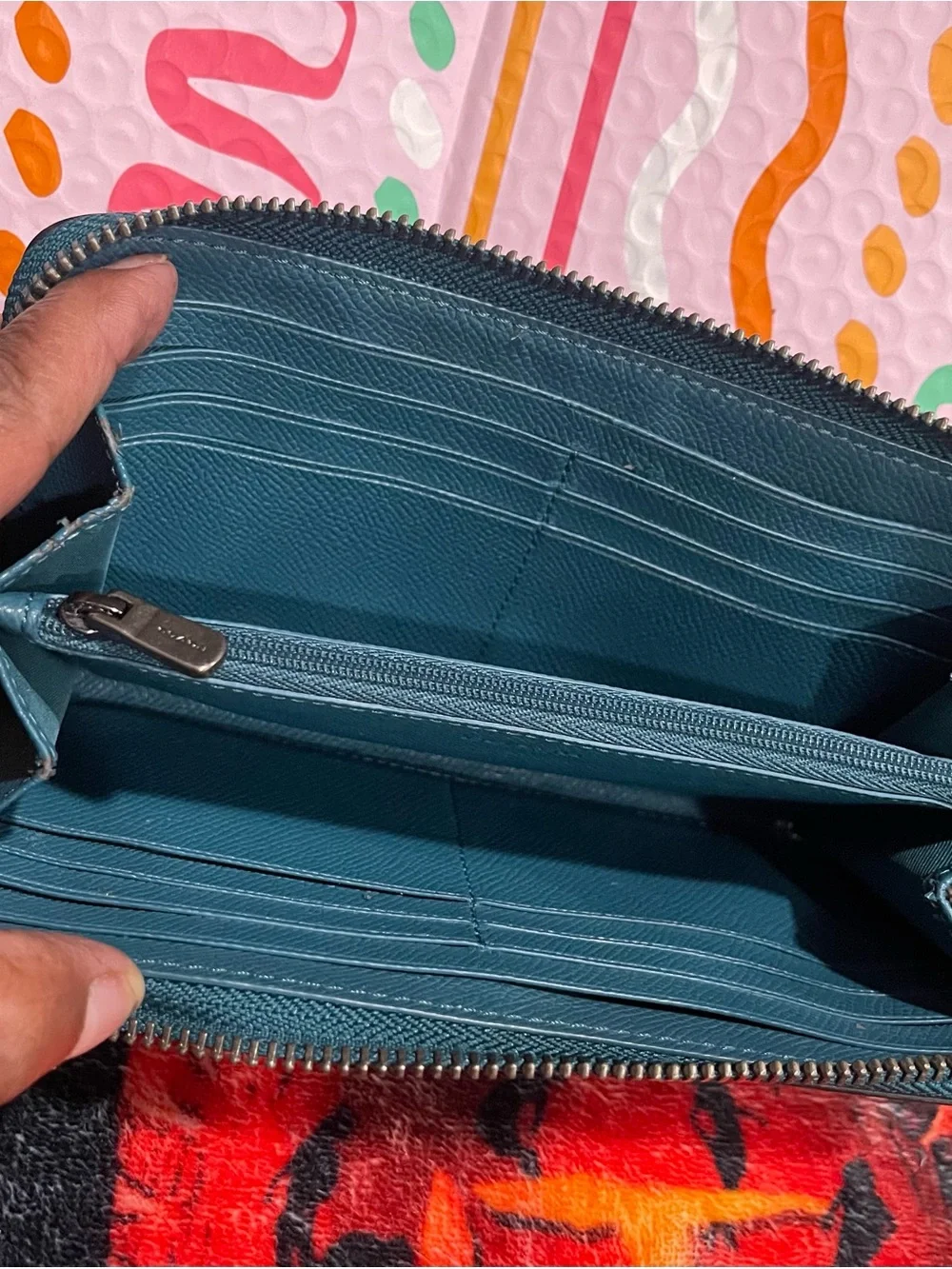 Coach Metallic Teal Pebbled Leather Zip Wallet with Gun Metal Logo & Zipper